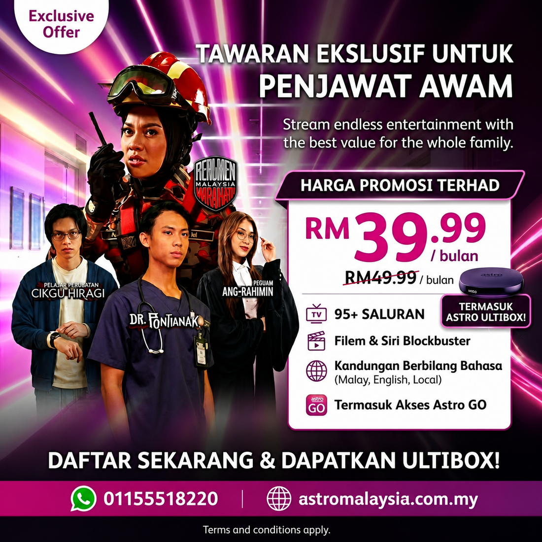 Calling all Penjawat Awam! Unlock 95+ channels, blockbuster movies, and a free Ultibox with this exclusive Astro package for just RM39.99/month. Apply today!